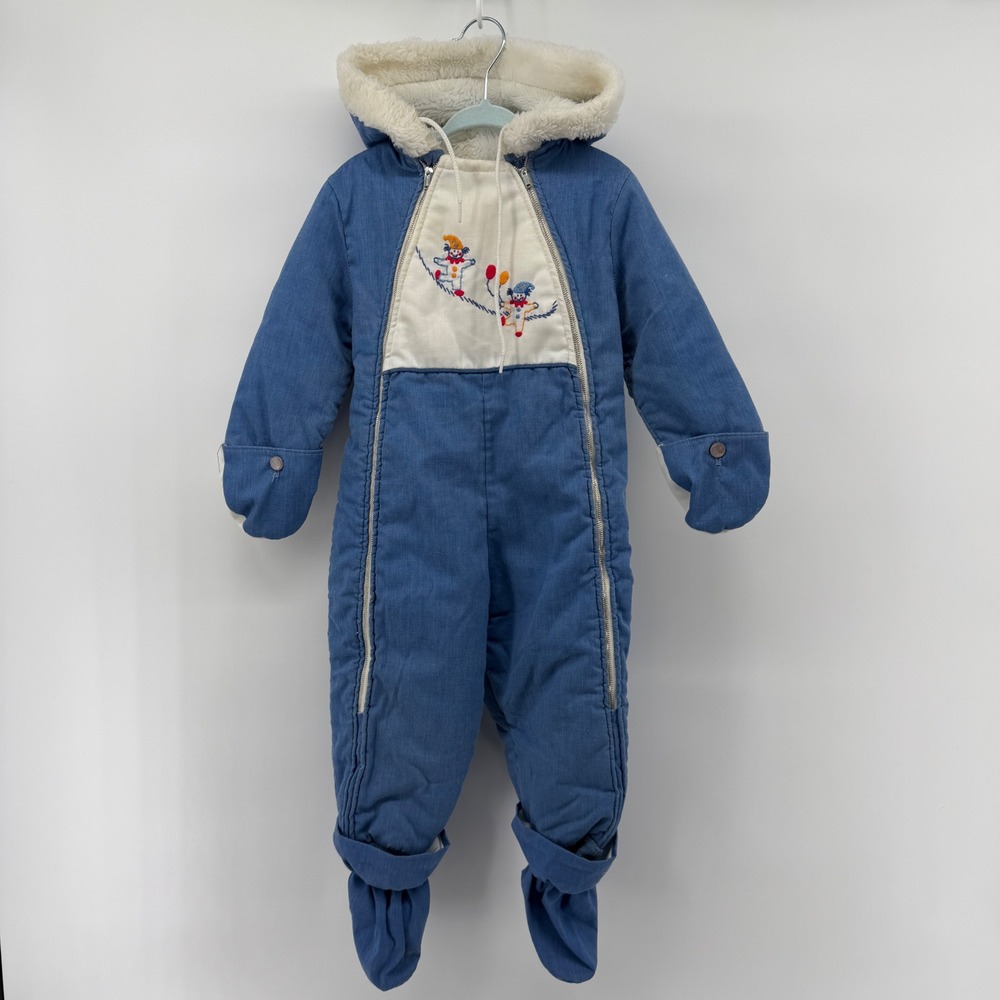 Vintage Quiltex Baby Blue Snowsuit Hooded Embroidered Clown One Piece 12M 18M